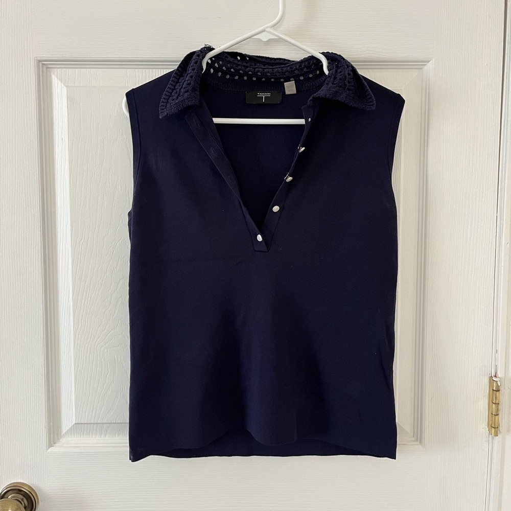 Tahari Dark Blue Sleeveless Blouse with Crochet Collar